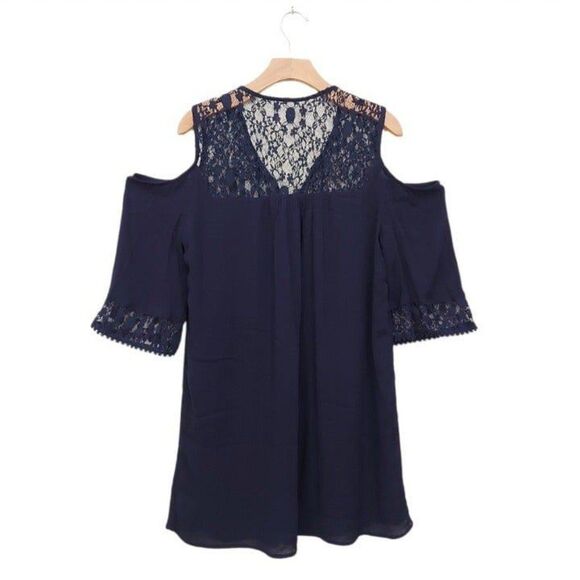 Heartloom Mini Dress Womens Large Navy Cold Shoulder Lined Bohemian Langenlook - Picture 6 of 12
